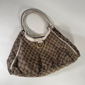 Gucci Brown GG Monogram Shoulder Bag with Cream Trim